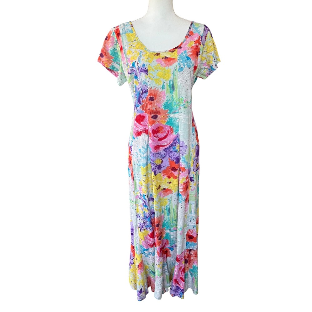 Jams World Vintage Floral Abstract Maxi Dress Multi Color Short Sleeve Large